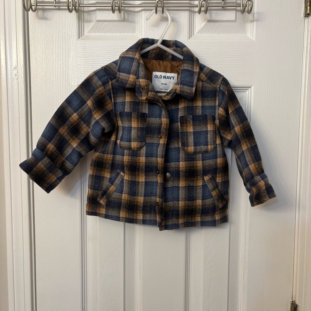Old Navy Baby Boy Quilt Lined Blue & Yellow Plaid Jacket Size 12-18 Months